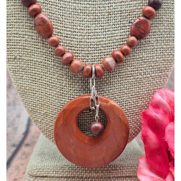 Artisan 2 Piece Set Red Jasper Natural Stone Pendant Necklace & Wrap Bracelet - Picture 4 of 11
